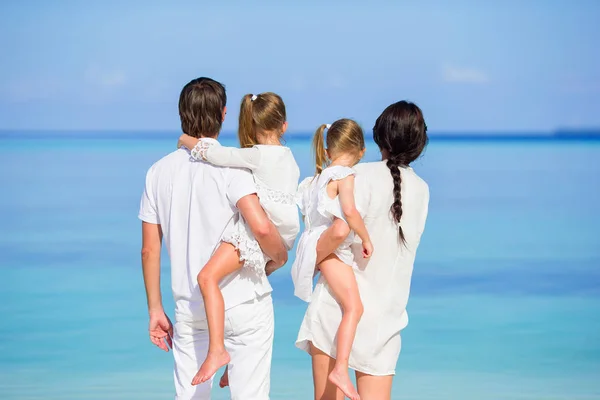 Pohled zezadu na šťastné rodiny na tropické pláži — Stock fotografie