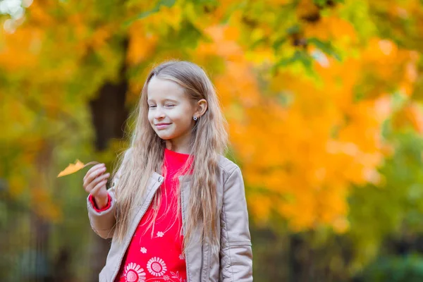 Portrait d'adorable petite fille avec fond d'arbres jaunes à l'automne — Photo