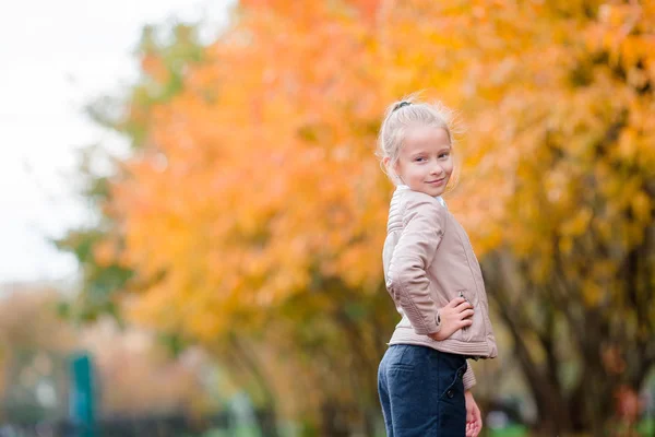 可爱的小女孩，用黄色的树在秋天背景的肖像 — 图库照片