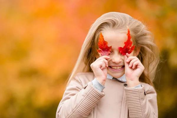 Retrato de adorável menina ao ar livre no belo dia quente com folha amarela no outono — Fotografia de Stock