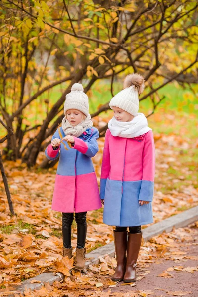 Pequeñas chicas adorables al aire libre en el cálido día soleado de otoño —  Fotos de Stock