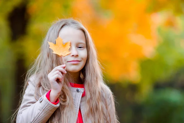 Adorável menina ao ar livre no belo dia quente no parque de outono com folha amarela no outono — Fotografia de Stock