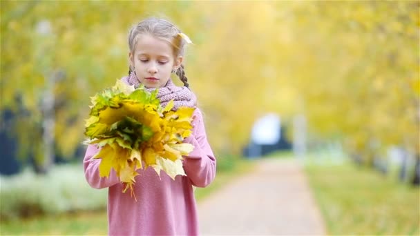 Портрет очаровательной маленькой девочки с желтыми и оранжевыми листьями букет на открытом воздухе в прекрасный осенний день — стоковое видео