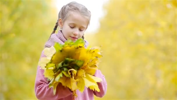 Retrato de menina adorável com amarelo e laranja folhas buquê ao ar livre no belo dia de outono — Vídeo de Stock