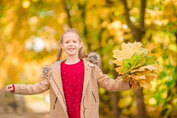 Portrait d'adorable petite fille avec bouquet de feuilles jaunes à l'automne — Photo