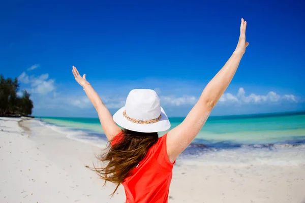 Vista trasera de la mujer en sombrero en la playa blanca —  Fotos de Stock