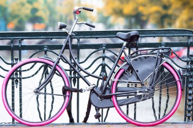 Amsterdam, Hollanda Bridge'de pembe bisiklet. Kanallar sonbaharın güzel görünümü