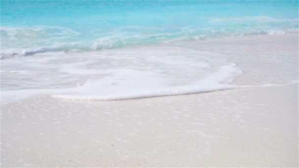 Идиллический пляж с белым песком, бирюзовой океанской водой и голубым небом на Карибском острове — стоковое видео