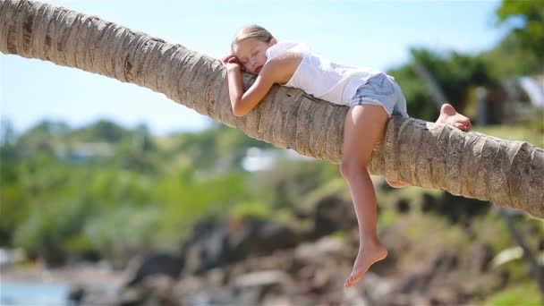 Adorable niña en la playa tropical sentada en la palmera durante las vacaciones de verano — Vídeos de Stock