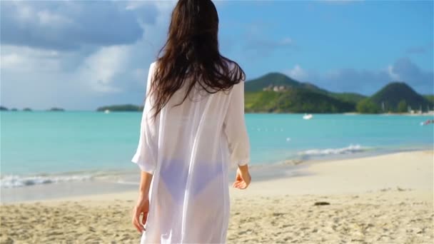Mladá krásná žena baví na tropické pobřeží. Zadní pohled dívka v klobouku na břehu moře. Zpomalený pohyb — Stock video