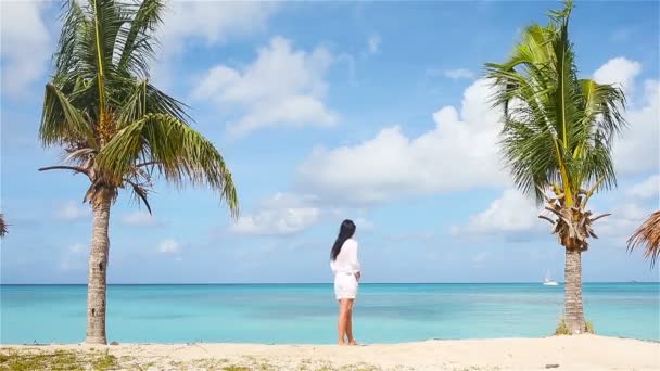 Jeune femme sur la plage pendant les vacances caribéennes. Adorable dame debout entre les palmiers sur l'île d'Antigua — Video