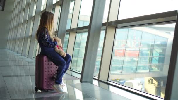 Menina adorável com bagagem no aeroporto à espera de embarque e olhando pela janela — Vídeo de Stock