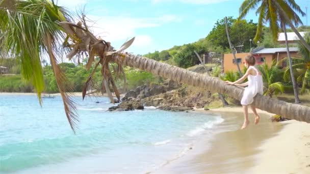 Bedårande liten flicka sitter på Palm under sommarlovet på stranden — Stockvideo