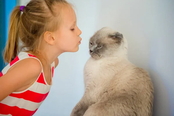 Το χαριτωμένο μικρό κορίτσι φιλί της συντροφιάς γάτα στο σπίτι. Αγάπη μεταξύ το παιδί και το κατοικίδιο ζώο σας — Φωτογραφία Αρχείου