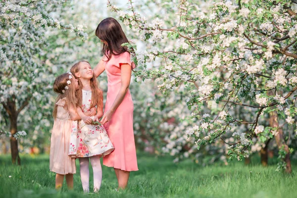 Familj i blommande apple trädgård utomhus — Stockfoto