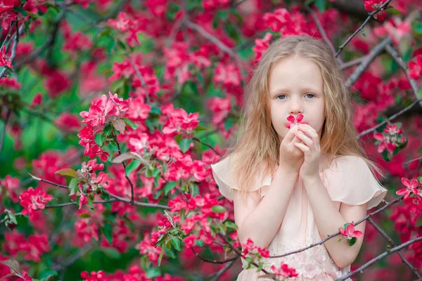 Bedårande liten flicka njuter vårdag i apple blommande trädgård — Stockfoto