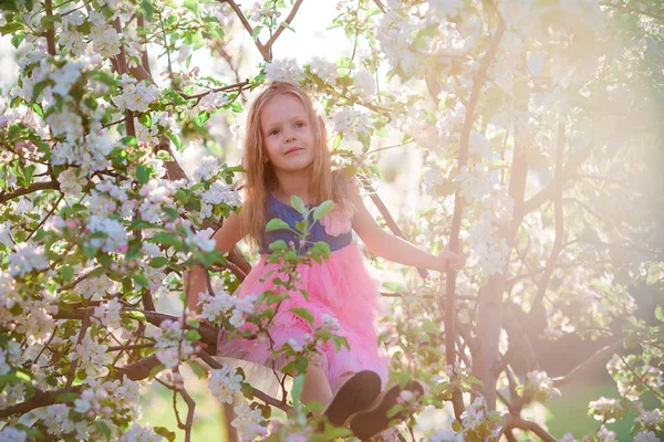 Aranyos kis lány élvezi a tavasz az apple virágzó kert — Stock Fotó
