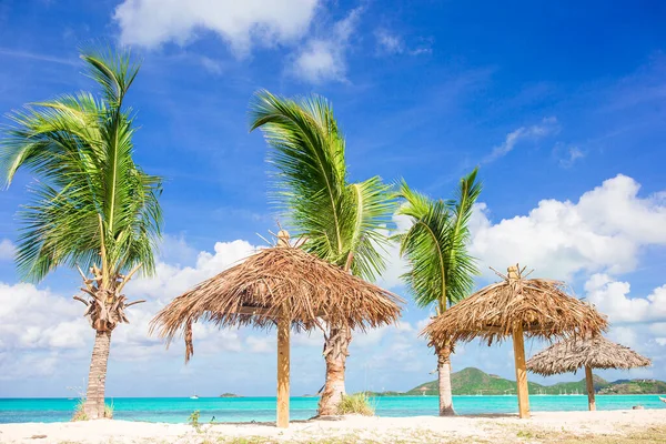 Idylické tropické pláži s bílým pískem, tyrkysové moře vody a velké palmy — Stock fotografie
