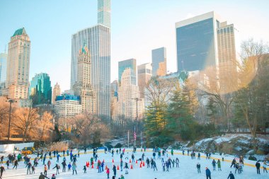 Eğleniyor New York Central Park'ta kışın buz patenciler