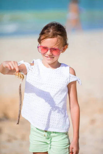 Entzückendes kleines Mädchen mit Krabbe am Strand — Stockfoto