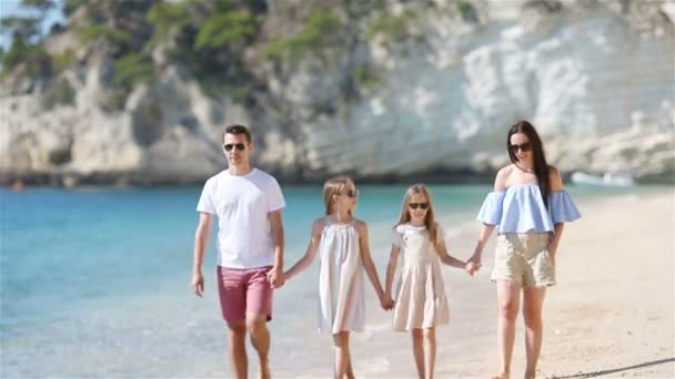 照片上是快乐的家人在海滩上玩得开心的照片。夏季生活方式 — 图库视频影像