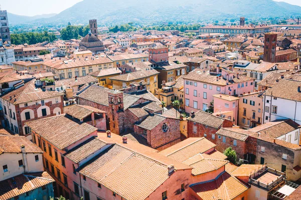 Vista aérea del antiguo edificio con techos rojos en Lucca — Foto de Stock
