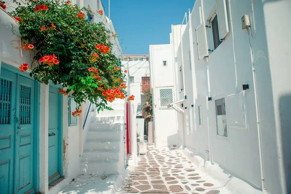 Las estrechas calles de la isla con balcones azules, escaleras y flores . — Foto de Stock