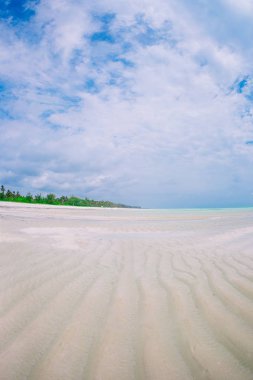 Beyaz kum, turkuaz okyanus suyu ve mavi gökyüzü ile Karayipler 'deki Idyllic tropik plajı