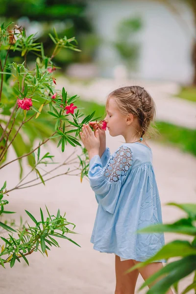 夏天的时候，一个可爱的小女孩闻到了五彩缤纷的花朵 — 图库照片