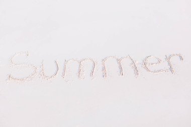 Word arka plan üzerinde yumuşak okyanus dalgası ile kumsalda el yazısı yaz