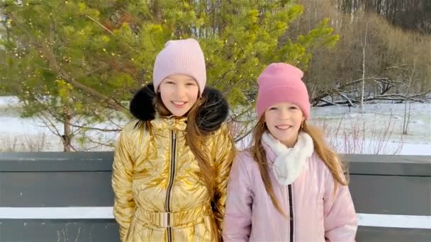 Adorable little girls skating on the ice-rink — Stock Video
