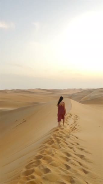 Birleşik Arap Emirlikleri 'ndeki Rub al-Khali çölündeki kum tepeleri arasında bir kız. — Stok video