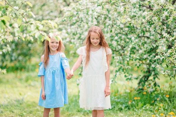 Bahar günü çiçek açan elma bahçesinde sevimli küçük kızlar. — Stok fotoğraf