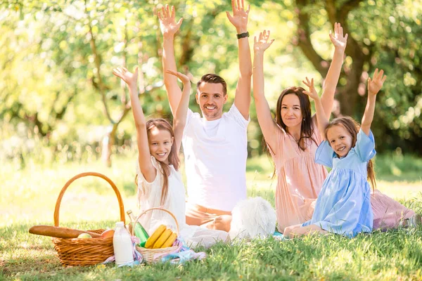 Família feliz em um piquenique no parque em um dia ensolarado — Fotografia de Stock