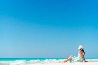 Sahilde bikinili genç bir kadın.