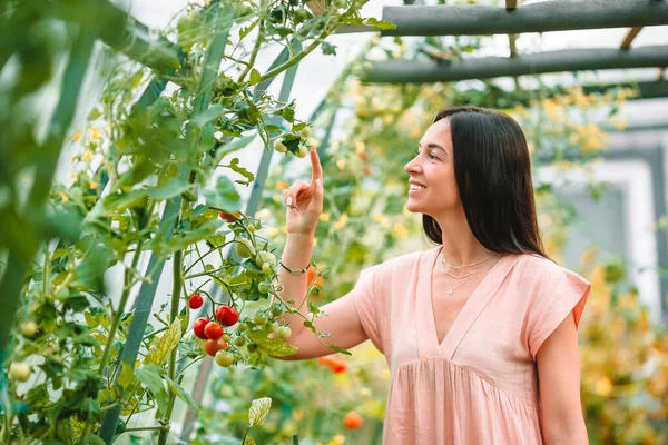 Mladá žena drží košík zeleně a cibule ve skleníku — Stock fotografie