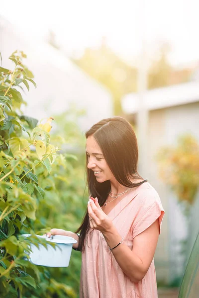 Ung kvinna som håller en korg av grönska och lök i växthuset — Stockfoto