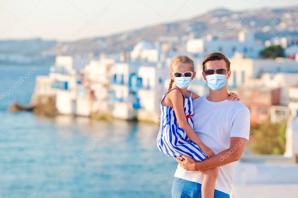 Tourist man in mask on vacation in Europe.