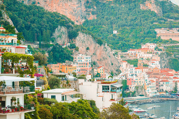 Beautiful view of Positano, Amalfi Coast, Italy. View of popular Spiaggia Grande in Positano