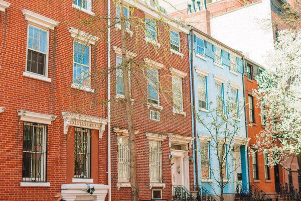 Historic district of West Village and empty streets at New York Manhattan, USA