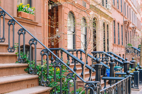 Historic district of West Village and empty streets at New York Manhattan, USA
