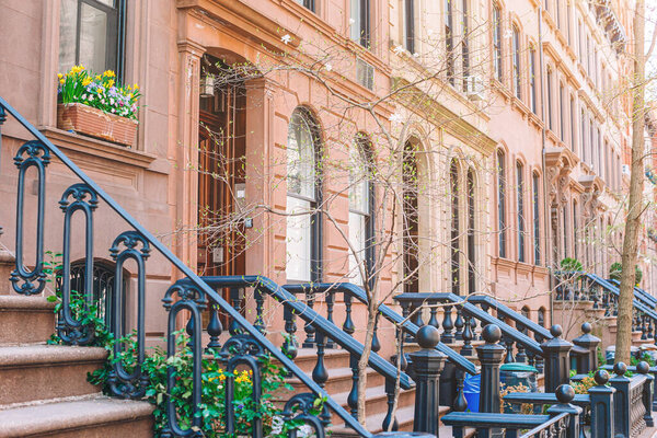 Historic district of West Village and empty streets at New York Manhattan, USA