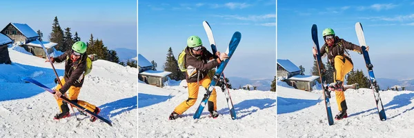 Clumsy funny skier holding his skis in different, wrong positions - composition. Location: Poiana Brasov ski resort, Romania.