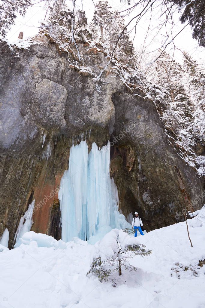 Huge frozen waterfall with a woman next to it at Seven Ladders Canyon (Sapte Scari) in Timisul de Jos, Piatra Mare mountains, Romania. Vertical perspective.