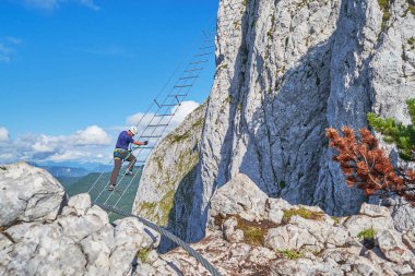 Erkek tırmanışçı, Avusturya 'nın Donnerkogel dağlarında bir macera turu sırasında Intersport adı verilen ferrata rotasında çapraz merdivenden aşağıya bakıyor..
