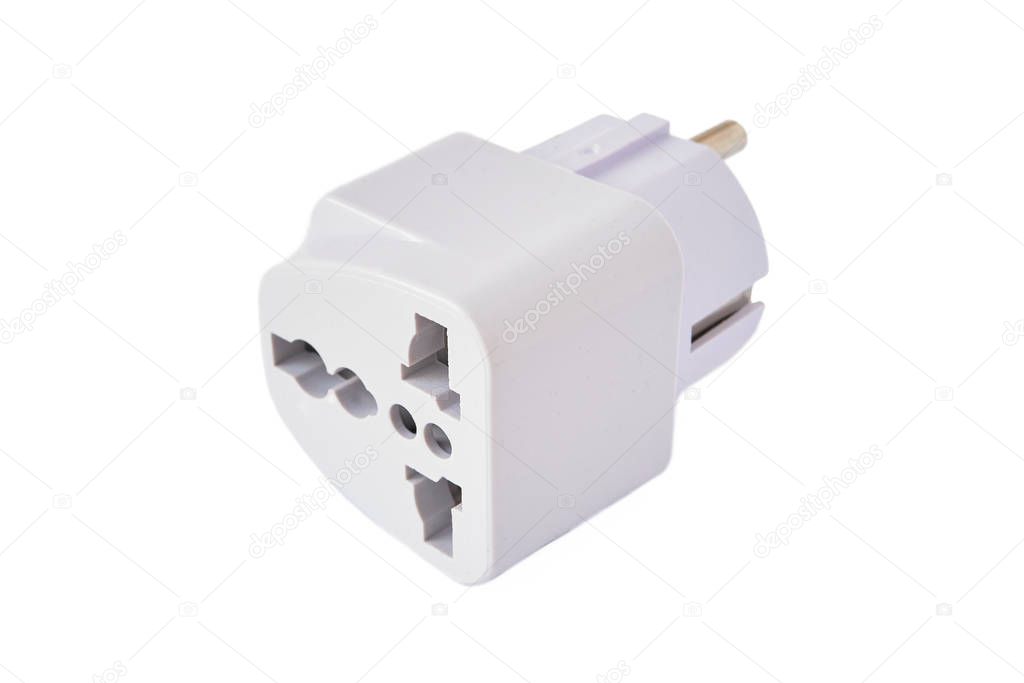Universal travel wall AC Power Plug Adapter for USA, EU, UK, AUS, isolated on white background.