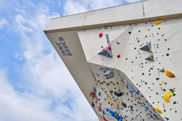 stock image Innsbruck, Austria - August 18, 2019: KI - Kletterzentrum Innsbruck (Climbing Center Innsbruck). Top part of the outside overhang lead wall.