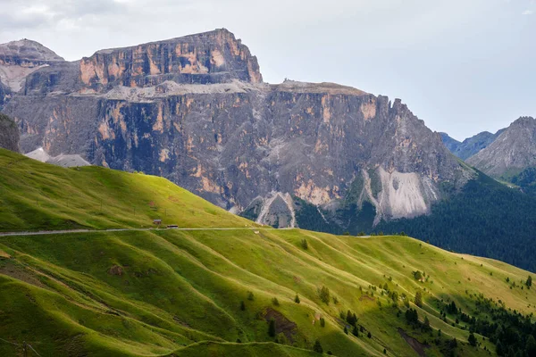 Sella Mountain Group Dolomites Italy Sunset Rays Light Green Layers — Φωτογραφία Αρχείου