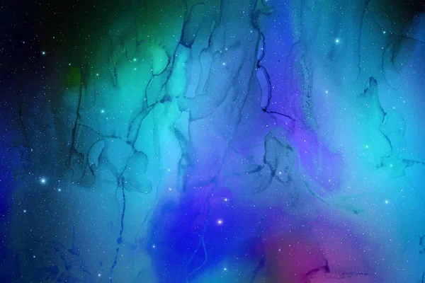 background of abstract galaxies with stars and planets with unique motifs in blue and green turquoise space, night light universe