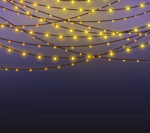 gold string Christmas lights in dark blue background for decoration and Abstract Holiday Background